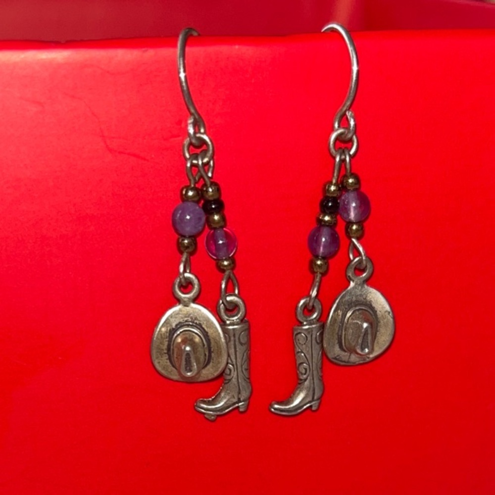 Western Charm Silver and Purple Beaded Dangle Earrings, #western #cowgirl